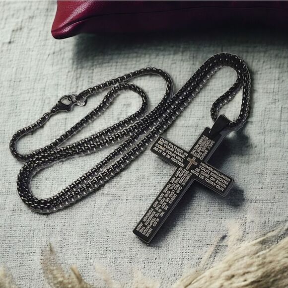 Black Stainless Steel Christian Cross Necklace Prayer Pendant Religious Jewelry - Picture 1 of 4